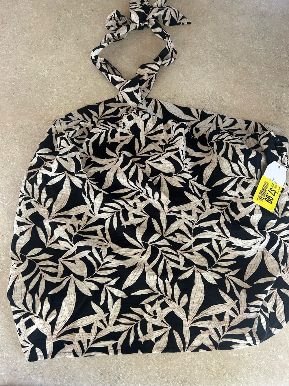 Black & Cream Leaf-Print Halter Top